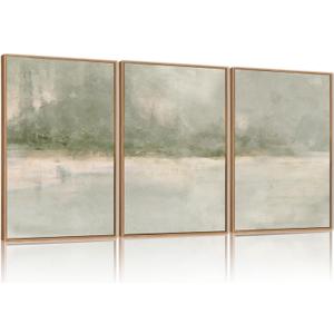 FWIEXA Grey Green Abstract Canvas Wall Art Set 3, Neutral Landscape Framed Prints, Modern Lake Scenery Paintings, Beige 16x24In Watercolor Artwork Poster for Farmhouse, Living Room, Bedroom, Office