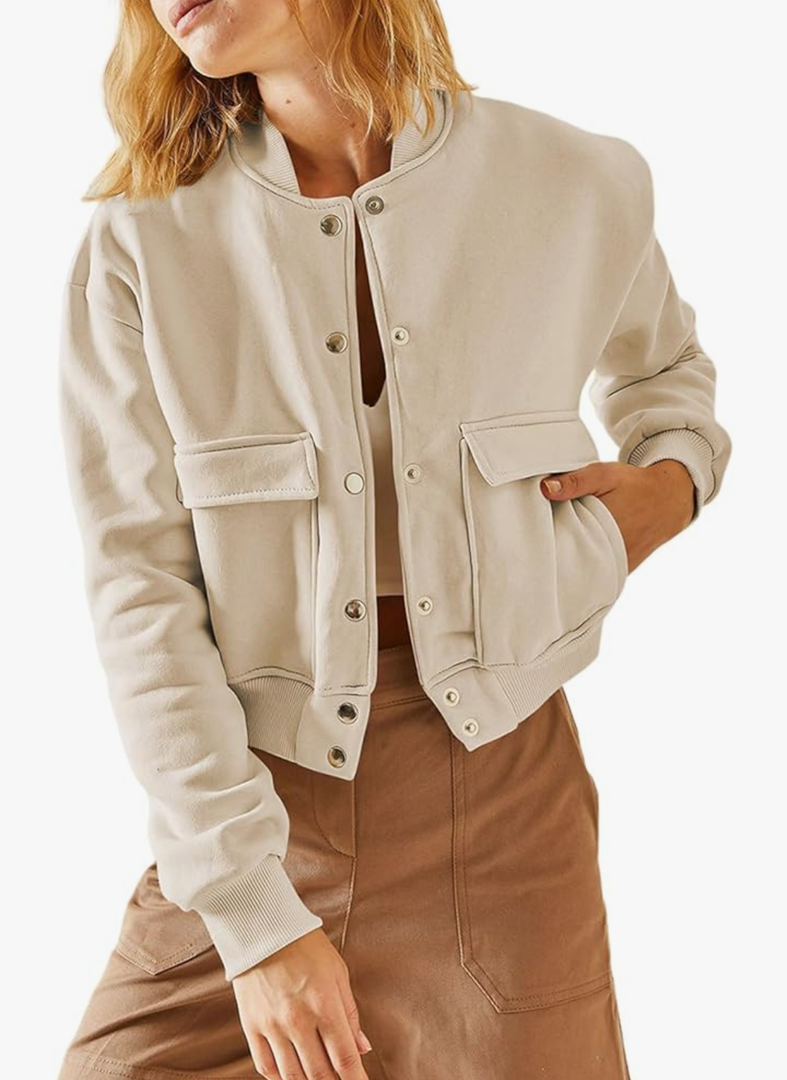 EVALESS Womens Jacket 2024 Fall Winter Long Sleeve Stand Collar Shacket with Side Pocket Lightweight Coat, Size Medium