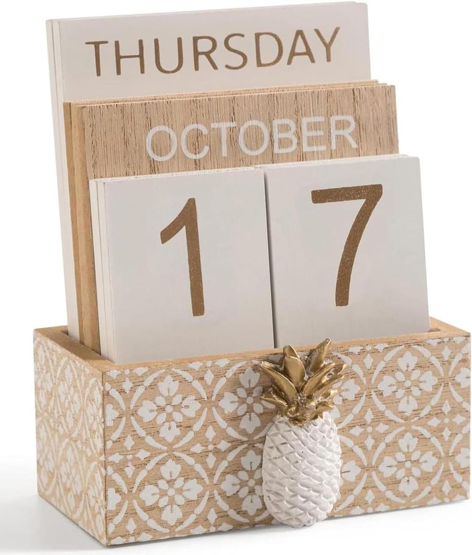 Block Calendar for Desk, Wood Desk Perpetual Calendar, Gift Daily Desktop Vintage Wooden Blocks for Home Farmhouse Office Aesthetic Decor Rustic Decoration Brown Pineapple