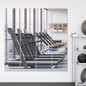 16 Packs Home Gym Mirrors 12'' x 12'' Wall Mounted Mirror Tiles, Square Large Wall Mirror Frameless Full Length Mirror for Home Gym, Bedroom, Door, Bathroom, Living Room