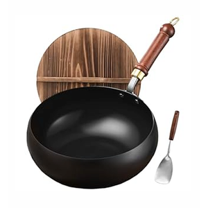 UMETRE Carbon Steel Wok Pan, 11″ Woks & Stir-Fry Pans with wooden Lid Cookwares, Nonstick Wok Flat Bottom Small Handmade Chinese Wok For All Stoves