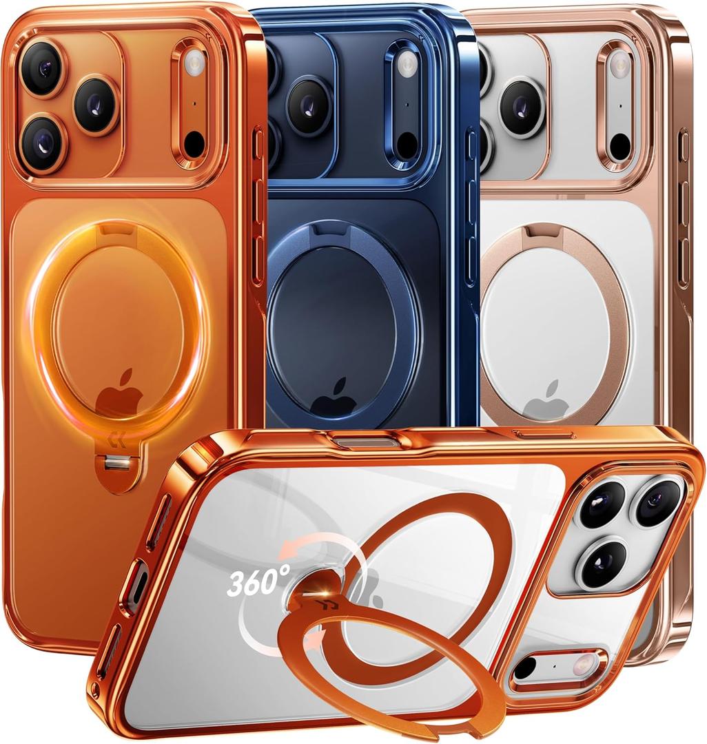 CASEKOO 360 Spin Magnetic Stand for iPhone 17 Pro Case [Fit for MagSafe][17FT Military Protection] Slim Polished Frame Titanium Alloy Sturdy Stand 6.3", Glossy Cosmic Orange