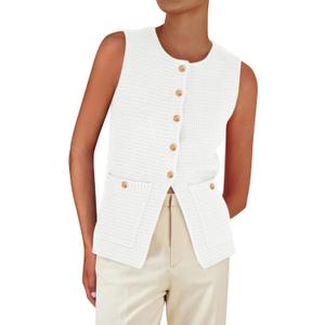 PRETTYGARDEN Women's 2026 Spring Sweater Vest Sleeveless Button Down Knit Cardigan Tank Tops Summer Business Casual Outfits (White,Medium) 