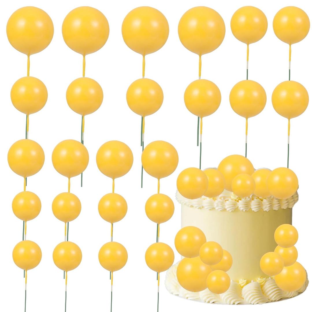 Gyufise 30Pcs Balls Cake Topper Foam Ball Cake Picks Mini Balloon Cupcake Insert Bubble Balls DIY Decoration for Baby Shower Wedding Anniversary Kids Birthday Party Cake Decorations Yellow