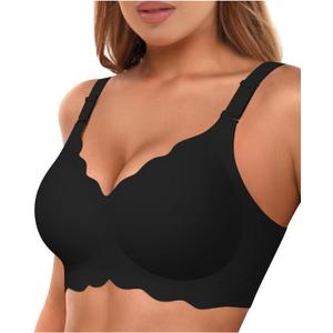 Bras for Women No Underwire Wireless Bras with Support & Lift Seamless Scalloped Full Coverage Tshirt Bra (Large, Black)