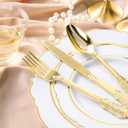 realluck 350 Piece White Gold Plastic Dinnerware Set for 50 Guests Elegant Baroque Disposable Dinnerware for Weddings, Parties, 100 Plastic Plates, 50 Pre Rolled Napkins with Silverware, 50 Cups