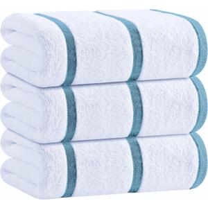 White Classic Cotton Pool Towels Oversized 35 x 70 Inches, Ultra Absorbent and Low Lint Striped Beach Towels for Adults, Stripes Design Luxury Extra Large Bath Towels, Light Blue, 3 Pack