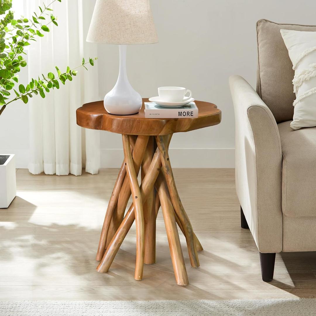 WELLAND Solid Teak Live Edge End Table,18" L x 18" W x 20" H Uniquie Side Table, Small Accent Table, Plant Stand for Living Room, Bedroom, Home Office