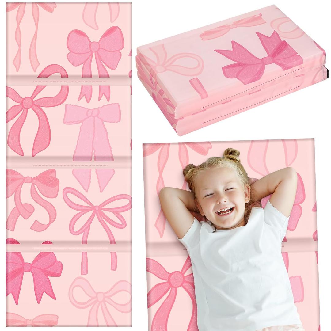Shellwei Vinyl Nap Mat for Kids Preschool Daycare 52 x 20 x 1'' Kids Sleeping Folding Rest Mat for Toddler Boys Girls Baby Classroom Home Travel(Pink Bow)
