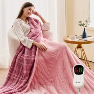 JKMAX Heated Electric Blanket Throw Size - 50"x60" Flannel Heating Blanket with 10 Heating Levels & 5 Time Settings Over-Heat Protection, Winter Warmer for Adults with ETL Certification（Pink）