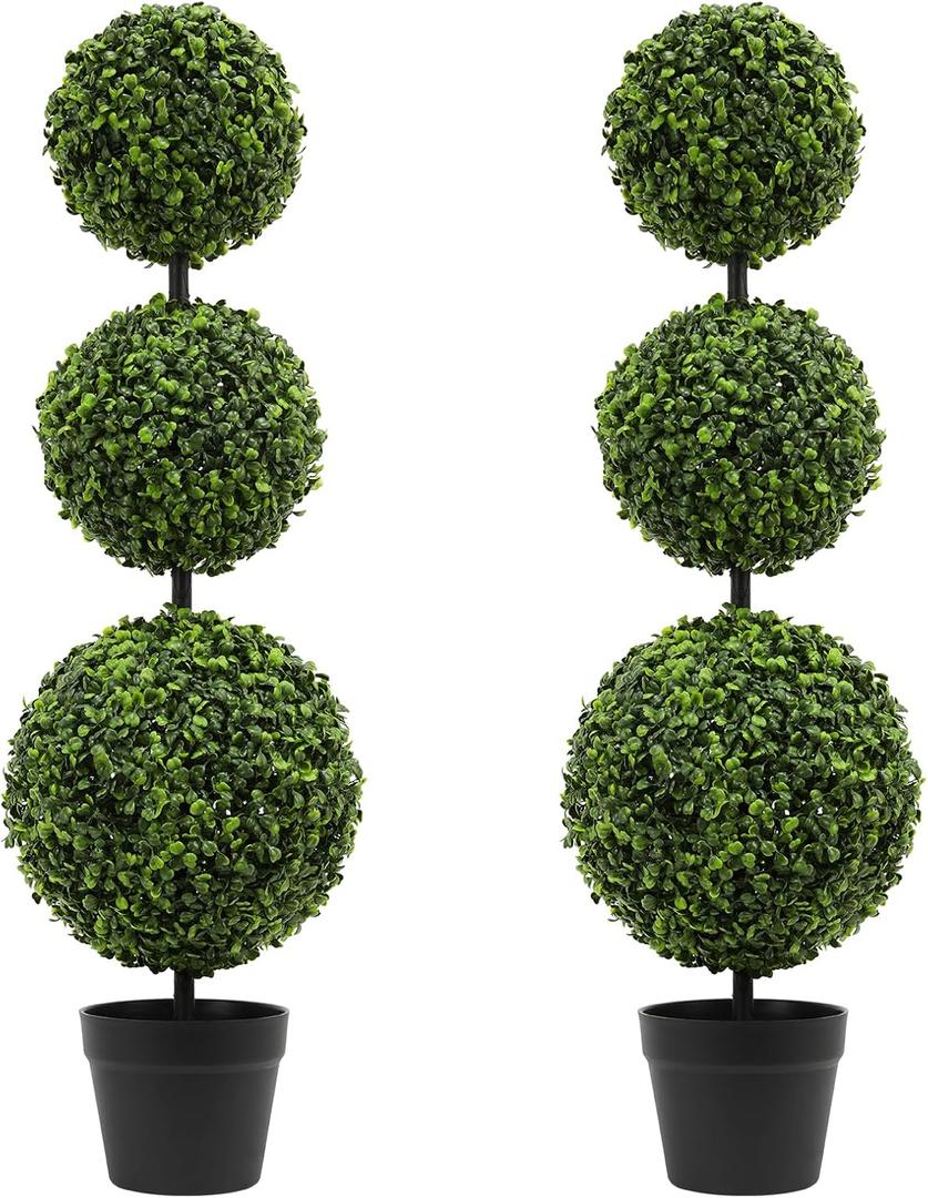 3FT Artificial Boxwood Topiary Tree in Pot,2 Pack Faux Topiary Trees for Front Door Porch Home Living Room Garden,Fake Outdoor Plant Boxwood Ball for Indoor&Outdoor 2, Milan Leaf