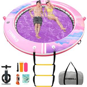 Inflatable Water Hammock Floating Dock 8 FT with Mesh, Tanning Pool Raft Round Ring for Adults, Float Platform for Lake and Beach with Water Ladder and Cup Holder