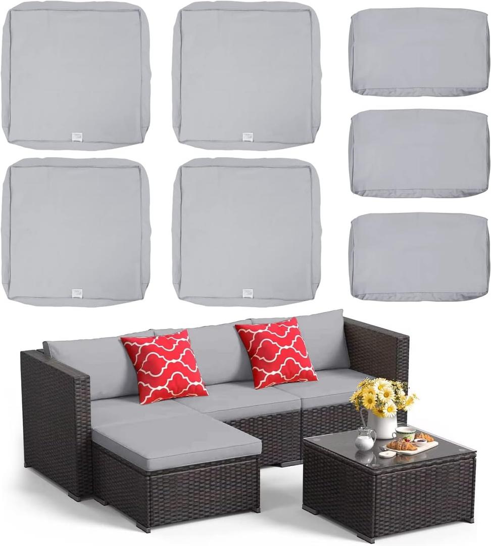 ClawsCover 7Pack Outdoor Seat and Back Cushions Replacement Covers Fit for 3/5 Pieces 4-Seater Wicker Rattan Patio Furniture Conversation Set Sectional Couch,Gray-Small (Include Cover Only), Grey