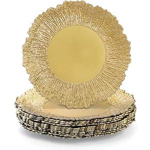 Coloch Set of 12 Plastic Charger Plates, 13" Reusable Reef Serving Chargers for Dinner Plate Round Shiny Decorative Charger Plate for Wedding, Catering, Parties, Restaurant, Home Dinner Use (Gold)