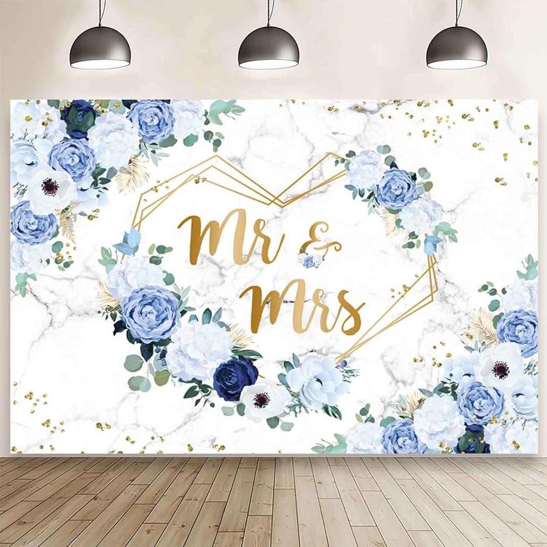 7x5ft Mr and Mrs Floral Backdrop for Bridal Shower Blue and White Flowers Photography Background Hearts Geometric Couple Wedding Party Decorations Bride to Be Engagement Banner Props