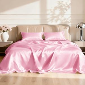 Love's cabin Satin Queen Sheets Set  4 Piece Pink Silky Bed Sheets Set with Deep Pocket, Luxury Silk Feel Satin Queen Size Sheet Set (1 Flat Sheet, 1 Fitted Sheet, 2 Pillow Cases)