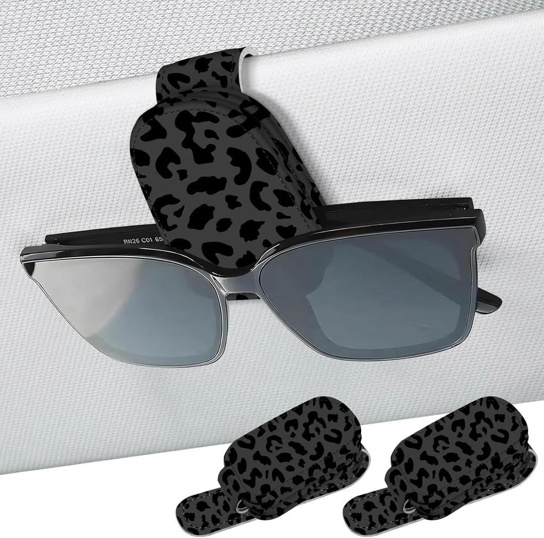 2 Pack Sunglass Holder for Car Visor, Universal Magnetic Car Sunglass Holder for Different Size Eyeglasses, Car Visor Accessories (Leopard-Black)