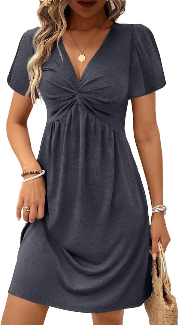 Acelitt Womens Casual Summer Twist Front V Neck Short Sleeve Mini Dress, XL (Gray)