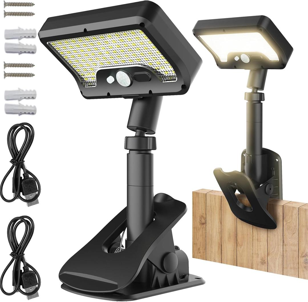 Pacify Clip On Solar Lights Outdoor with Motion Sensor, 92 LED 600LM Adjustable Solar Clip Lights, IP65 Waterproof Clamp Solar Lights for Fence Deck Gutter Camping Security(2 Pack Warm White 3000K)