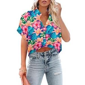 Cropped Hawaiian Shirts for Women Hawaii Tropical Button Down Tops Floral Tropic Print Summer Beach Outfits Deep Pink, M