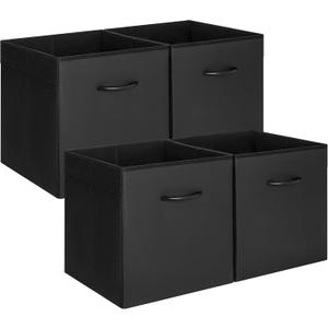StorageWorks Black Storage Cubes, 13-inch Leather Bins with Handle, Cube Organizer Baskets for Shelves and Closet, Collapsible Storage Bins, 4-Pack