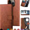 DuckSky compatible with iPhone 16 Pro Max Genuine Leather Wallet caseRFID Blocking4 Credit Card HolderReal LeatherFlip Folio Book Phone case Cover Women Men for Apple 16 ProMax case Light Brown