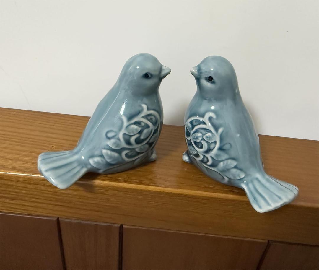 Ceramic Bird Figurines, Set of 2 Decorative Bird Statues, Home Office Decor for Cabinet Shelves Entryway Bookcase TV Stand, Micro Landscape Accessories (Blue)