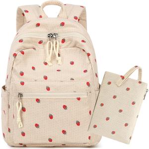 LEDAOU Mini Backpack Set Fashion Bookbags with Purse Wallet Cute Backpack Set for Women Teens School Travel Bag (Corduroy Strawberry)