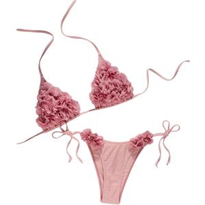 SHENHE Women's Halter String Bikini Set 2 Piece Triangle Tie Side Appliques Flower Swimsuit (Medium, Pink)
