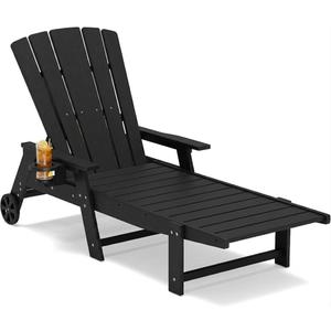 Polyhouz Outdoor Lounge Chair,HDPE 4-Position Adjustable Chaise Lounge Outdoor with Rolling Wheels & Cup Holder,All-Weather Heavy-Duty Pool Lounge Chairs for Poolside,Patio, Black