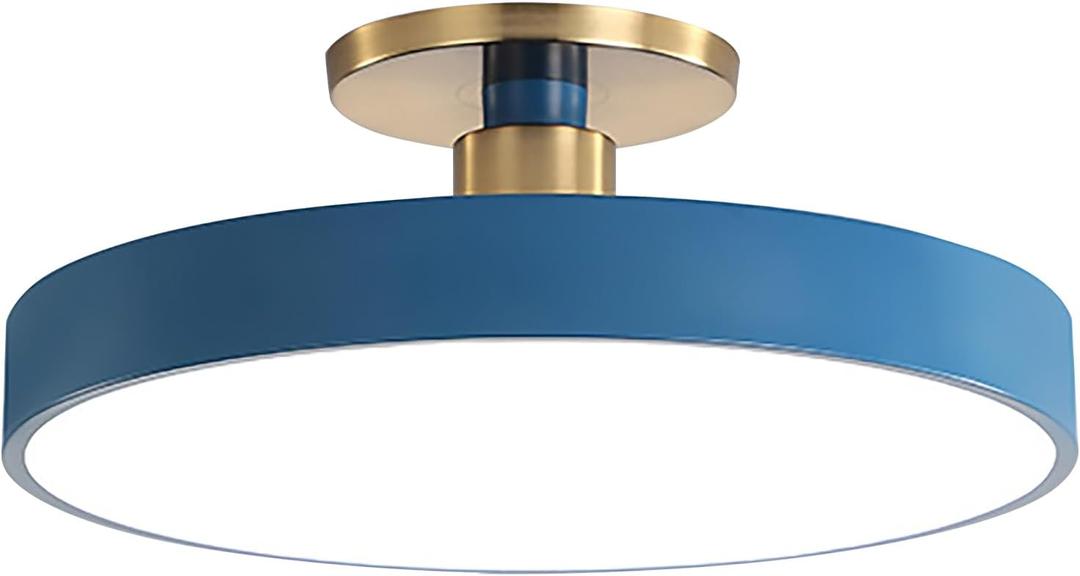 LED Ceiling Lights Blue Flush Mount Ceiling Lamp Gold Brass Metal Frame Mid Century Close to Ceiling Light 48W White Light 19.7" Acrylic Round Shade Modern Light Fixtures for Porch Bedroom