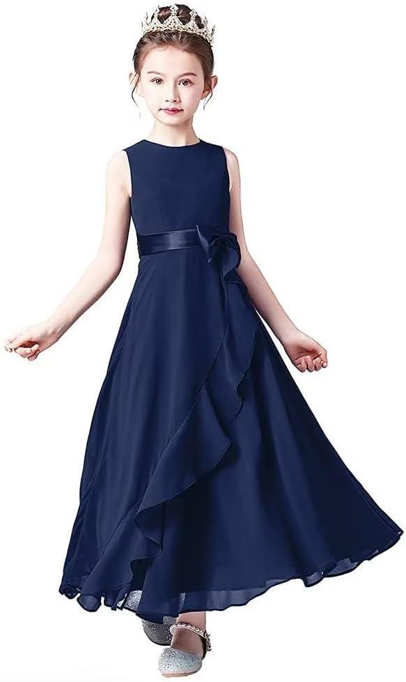 Little Juniors Girl Long Bridesmaid Dress Wedding Flower Girls Formal Pageant Party Dresses Chiffon Sleeveless (Blue, S)
