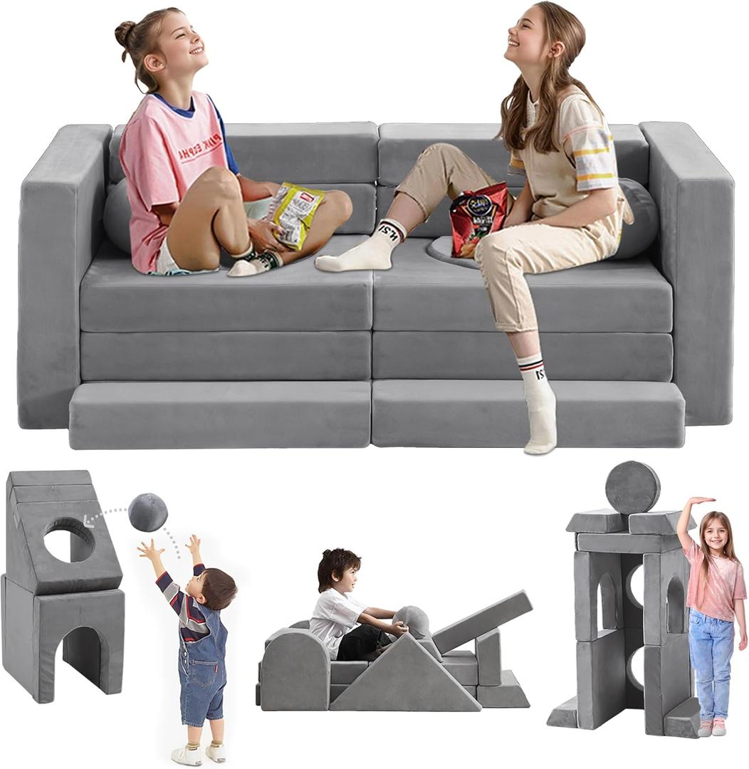 22Pcs Modular Kids Play Couch, 1000+DIY Creativing Playroom Furniture for Kids, Toddler Couch, Convertible Foam and Floor Cushion for Boys and Girls,Dark Grey
