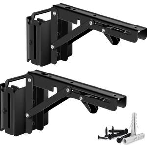 E Track Folding Fixed Shelf Brackets 2 Pcs 8 inch Black Heavy Duty Metal DIY E-Track Collapsible Shelf Hinge Etrack Accessories for Workbench Table Shelves in Enclosed Trailer, Truck