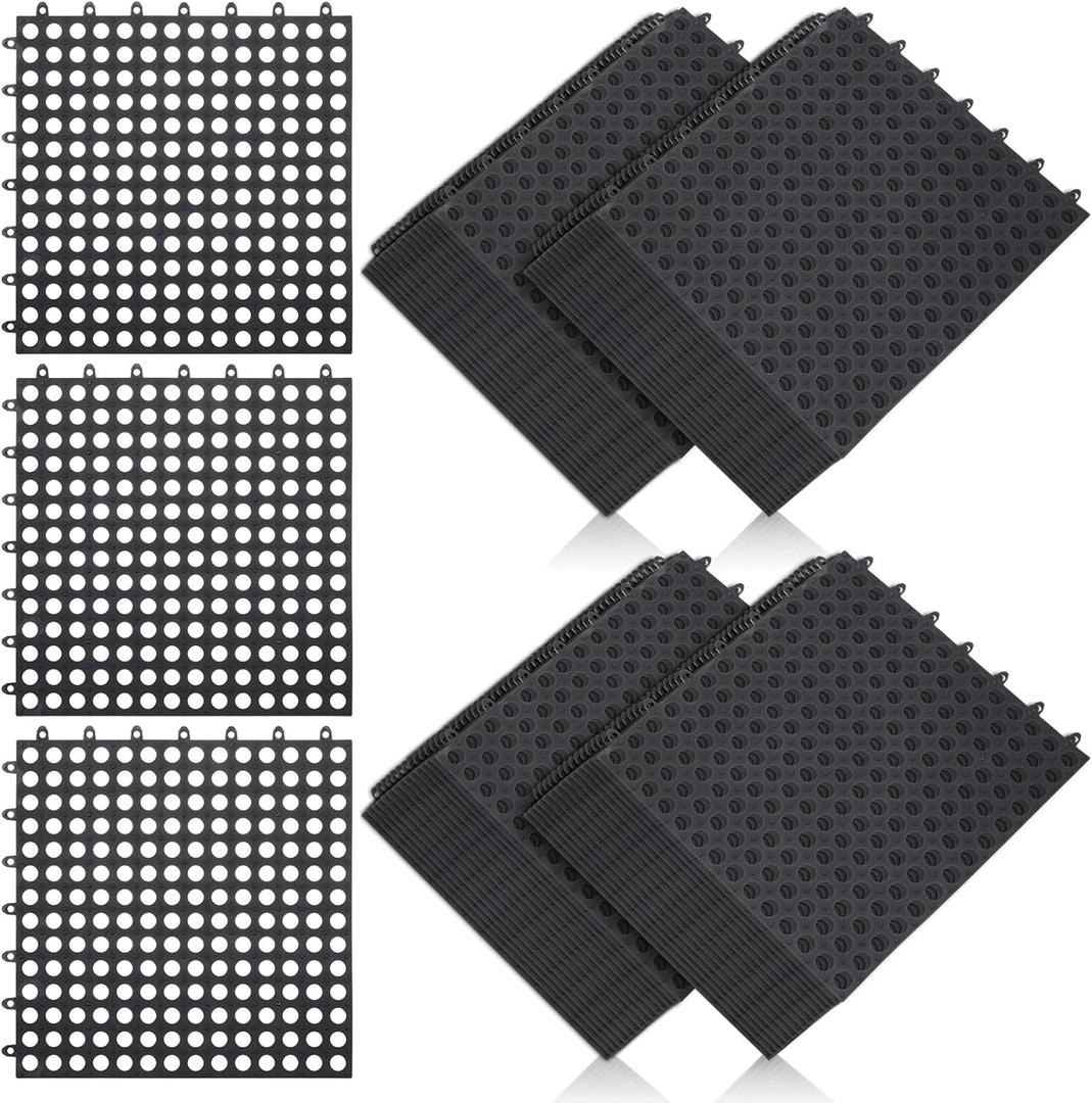 50 Pcs 11'8 x 11'8 Inches Interlocking Drainage Tiles Dry Deck with Drain Holes Non Slip Floor Mats TPE Soft for Bathroom Patio Pool Deck(Black)