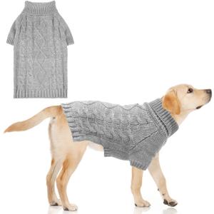 KOOLTAIL Dog Sweater for Large Medium Small Dogs, Fall Dog Sweaters, Turtleneck Cable Knitwear Pet Cold Weather Coats with Leash Hole, Warm Winter Pullover Clothes for Bulldog, Yorkie,Boy Girl,Grey, Size L