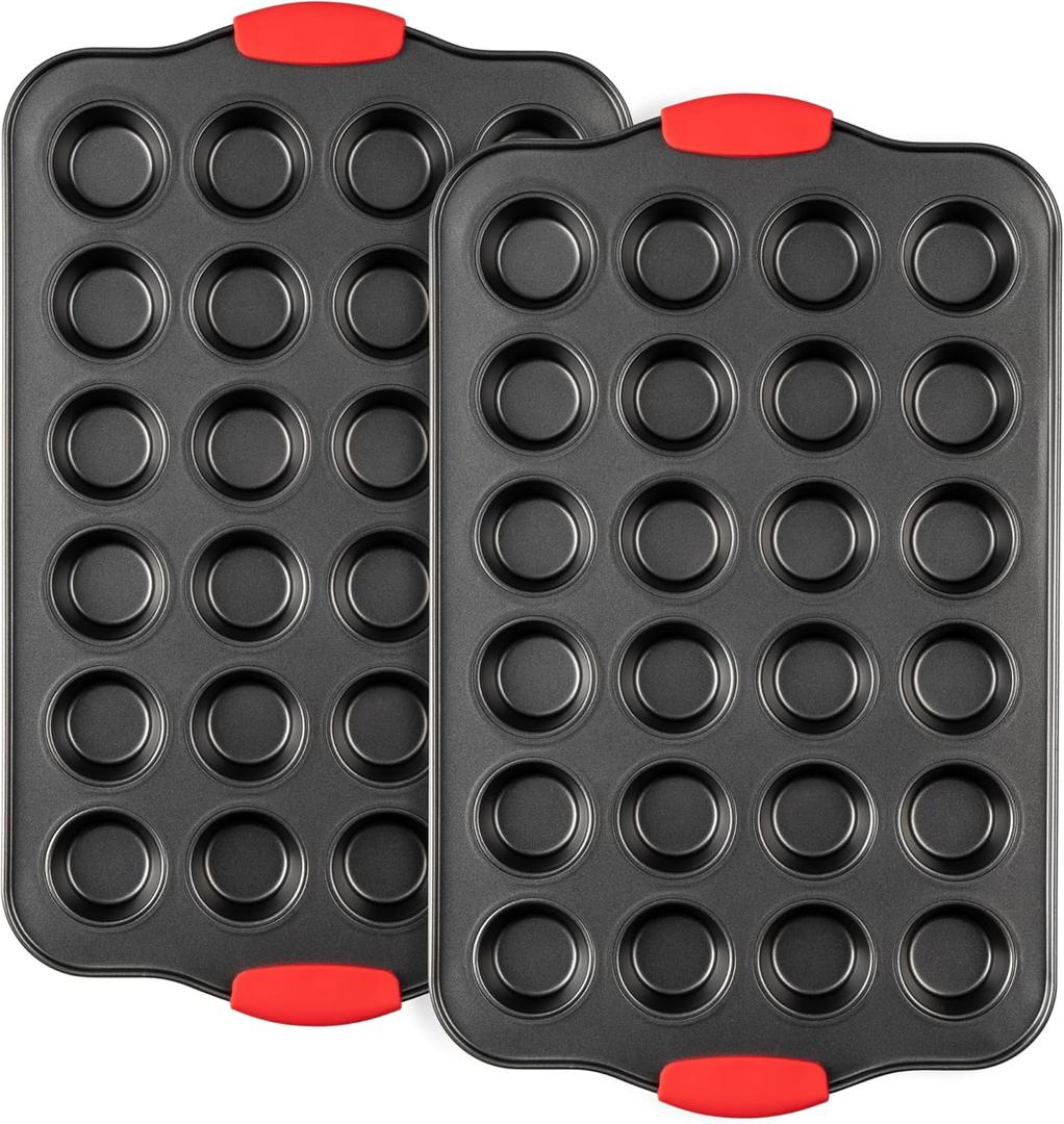 Tiawudi Mini Muffin Pan, 24 Cavity Cupcake Pan, Nonstick Baking Pan, Heavy Duty Small Muffin Tin with Silicone Grip Handles, Set of 2 (Gray)