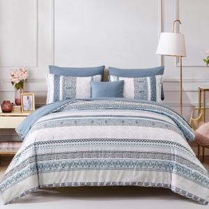 Cottolester Boho Comforter Set King Size Light Blue Comforter Set 8 Piece Bed in a Bag Striped Paisley Bedding Sets