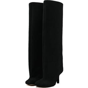 VOZTOLLS Knee High Boots Suede Square Toe Tall Boots for Women Wide Calf Kitten Heel Long Booties Trendy Dress Fall Winter Shoes Black Size 8.5