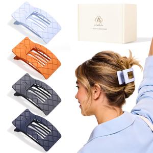 Medium Flat Hair Claw Clips for Women Thin Thick Hair, Duckbill Strong Hold Non Slip Square Hair Clips, Cozy French Lay Down Hairclips, Papaya, Blue, Steel Gray, Mood Indigo, 4 Pcs