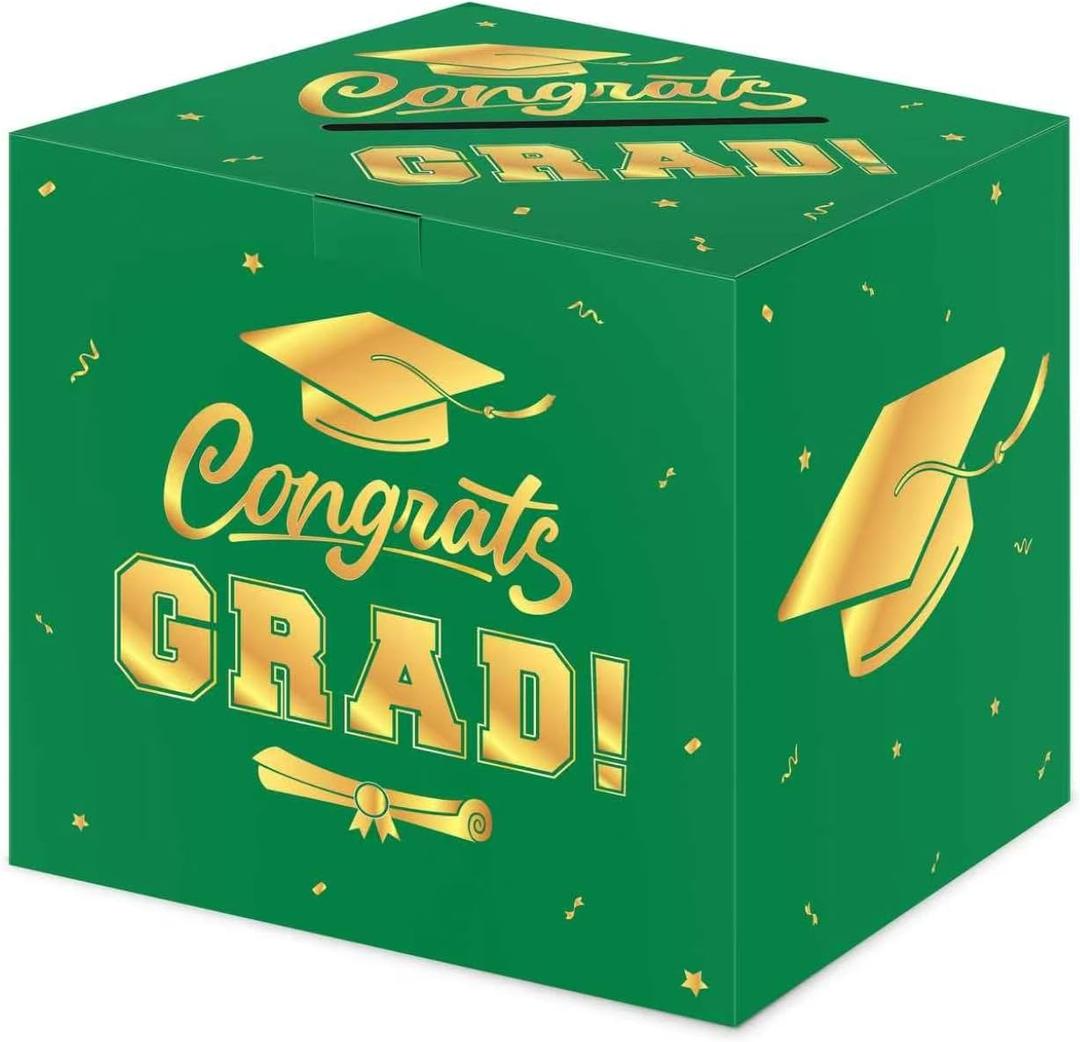4 x Graduation Decorations 2026 Card Box, Green Gold Congrats Grad Paper Gift Crad Boxes Holder for Class of 2026 Graduation Party Decoration Supplies Table Decor Favors Props Decor, 9 x 9 x 9 inches