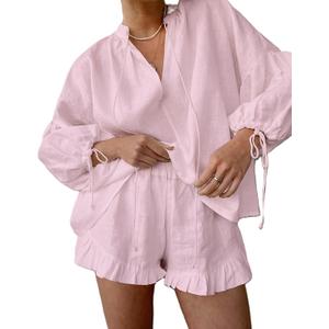 Mxiqqpltky Linen Shorts Sets Women 2 Piece Outfits Long Sleeve Tie Front Tops and Ruffled Boxer Shorts Matching Lounge Sets (Small, Pink)