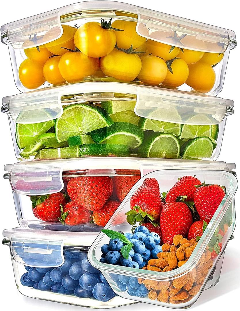 Prep Naturals Glass Meal Prep Containers - Oven, Microwave & Freezer Safe - Leakproof Airtight Glass Storage Containers with Lids - For Food Prep & Lunch - Pack of 5, 36 Oz, Square