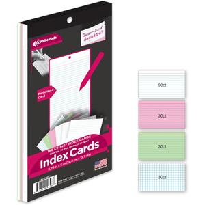 2 x KAISA Index Cards 3x5 Flash Cards, Perforated Smart Card, 150pcs Ruled Colored Notecards and 30pcs White Graph Cards Thick Index Card Notebook with Punching Hole for Studying School Suplplies