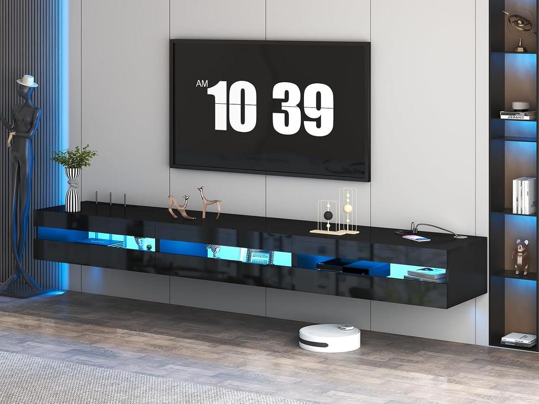 Floating TV Stand | 94.5'' Long Wall Mounted TV Shelf with Power Outlet, Modern Wooden Entertainment Center Media Console with Storage, High Gloss Large TV Cabinet, Up to 100 Inch TVS (Black)