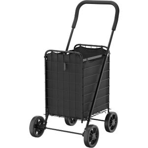 Whitmor Foldable Utility Shopping Cart with Wheels, 60Lb Capacity, Heavy Duty Grocery Cart with Steel Frame, Foam Handle, Rolling Utility Cart for Grocery, Laundry, Travel, Black/w Liner