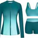 Holipick Long Sleeve Swimsuits for Women - 3 Piece Rash Guard with Shorts Zipper SPF Swim Shirt with Built in Bra M