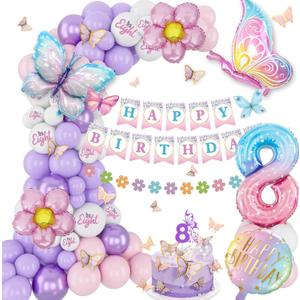 8th Birthday Decorations for Girls, 8 Year Old Birthday Decoration Girl Butterfly with Number 8 Balloon Happy Bday Banner Pink and Purple Balloons Eight Bday Decor Girls