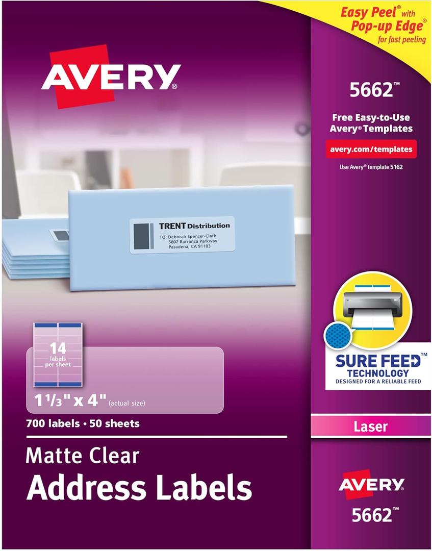 Avery Printable Address Labels with Sure Feed, 1-1/3" x 4", Matte Clear, 700 Blank Mailing Labels (05662)