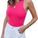 REORIA Butsmooth Womens Basic Sexy Sleeveless Racer Back Halter Neck Bodysuit Tank Tops (Small, Neon Rose Red)
